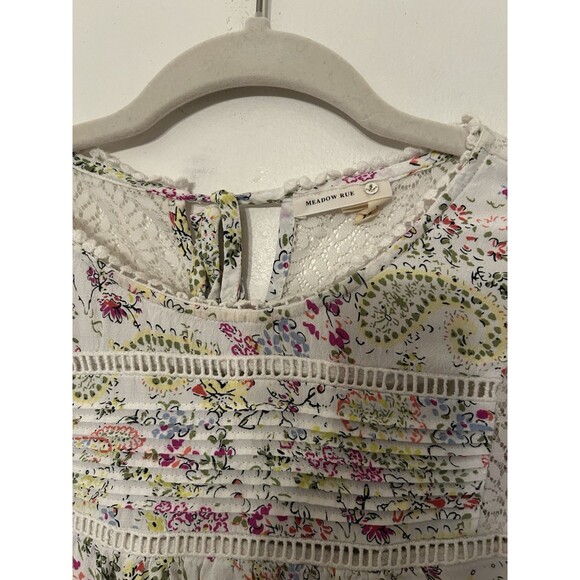 anthropologie Meadow Rue Floral Print With Lace SS Top Womens XS - Picture 2 of 9